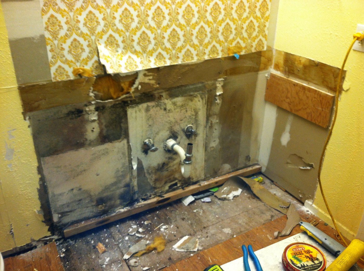 Mold and water damage behind a plumbing wall in a bathroom