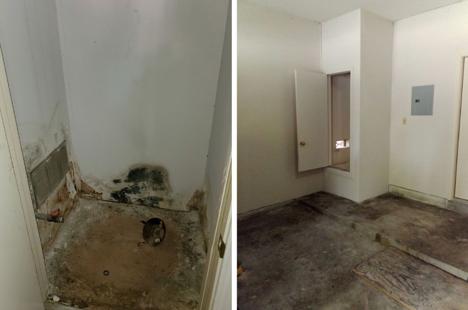 Utility closet before and after mold remediation