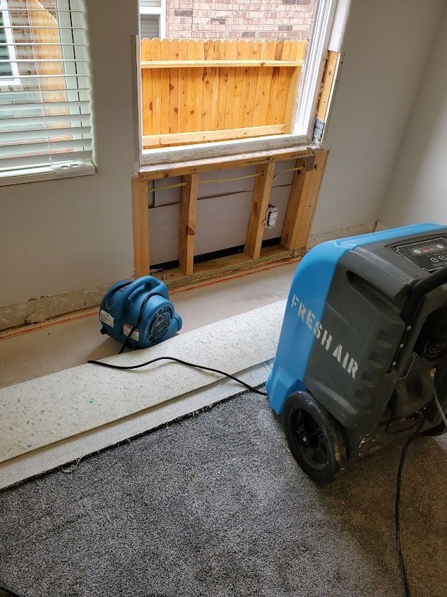 Air movers drying an opened wall after a water leak